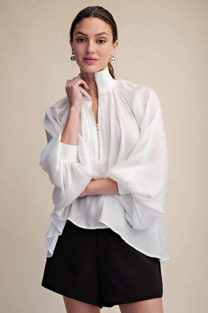 Mock Neck Band Long Sleeve Blouse (White)
