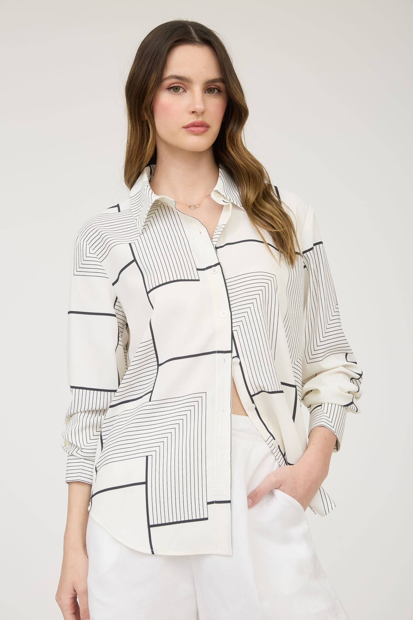 GEO PATTERN COLLARED LONG SLEEVE BUTTON DOWN SHIRT