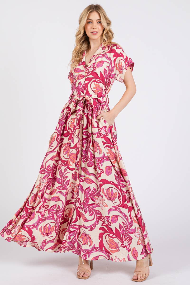 Short Sleeve Button-Down Maxi Dress