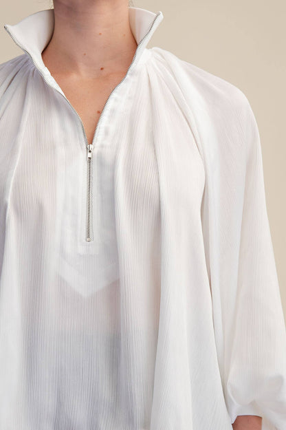 Mock Neck Band Long Sleeve Blouse (White)