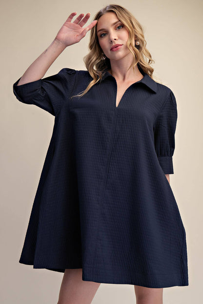 Mini Dress Collar Neck Puff-Sleeve (Navy)