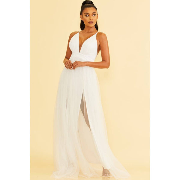 SOLID MESH MAXI GOWN (WHITE)