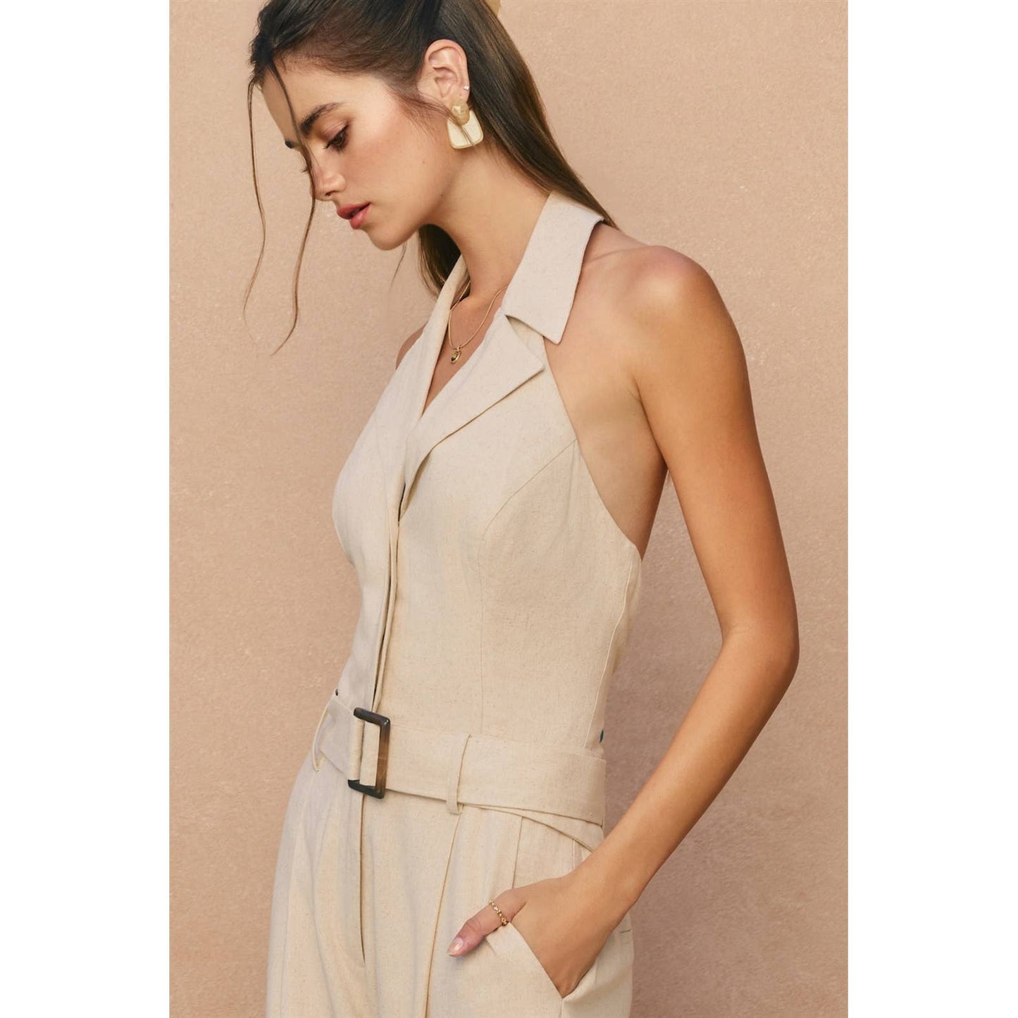 Heaven Sent Collared Halter Neck Jumpsuit (Oatmeal)