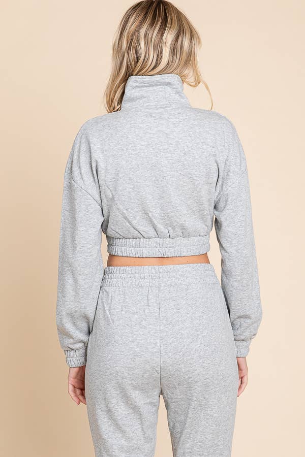 CROP ZIPPER FRONT BELL BOTTOMS CASUAL SET (HEATHER GREY)