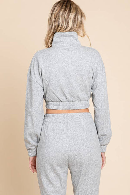 CROP ZIPPER FRONT BELL BOTTOMS CASUAL SET (HEATHER GREY)