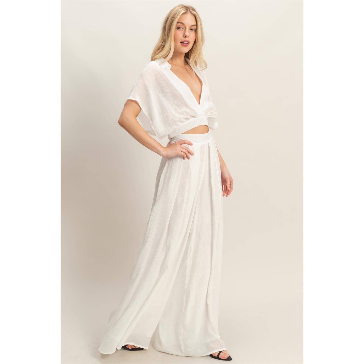 Collared Wrap Top & Wide-Leg Pants Set (White)