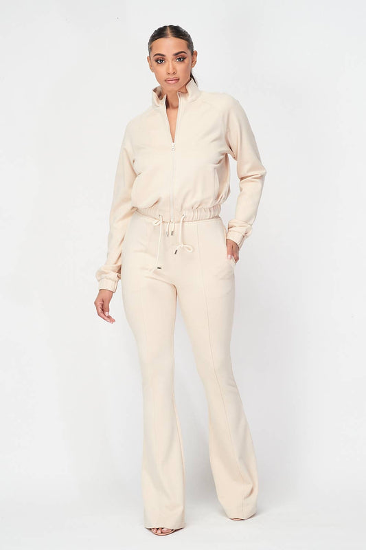 TRACK JACKET FLARED TRACK PANTS SET (CREAM)