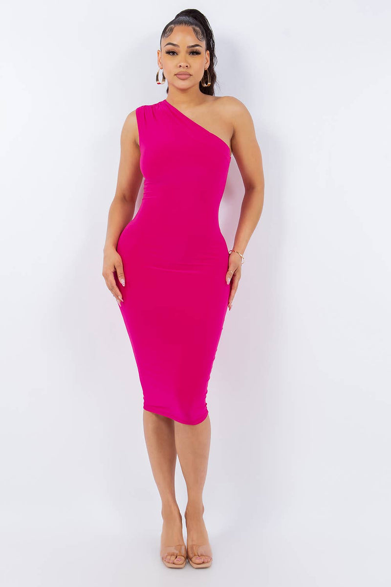 One Shoulder Midi Dress: NEON FUCHSIA