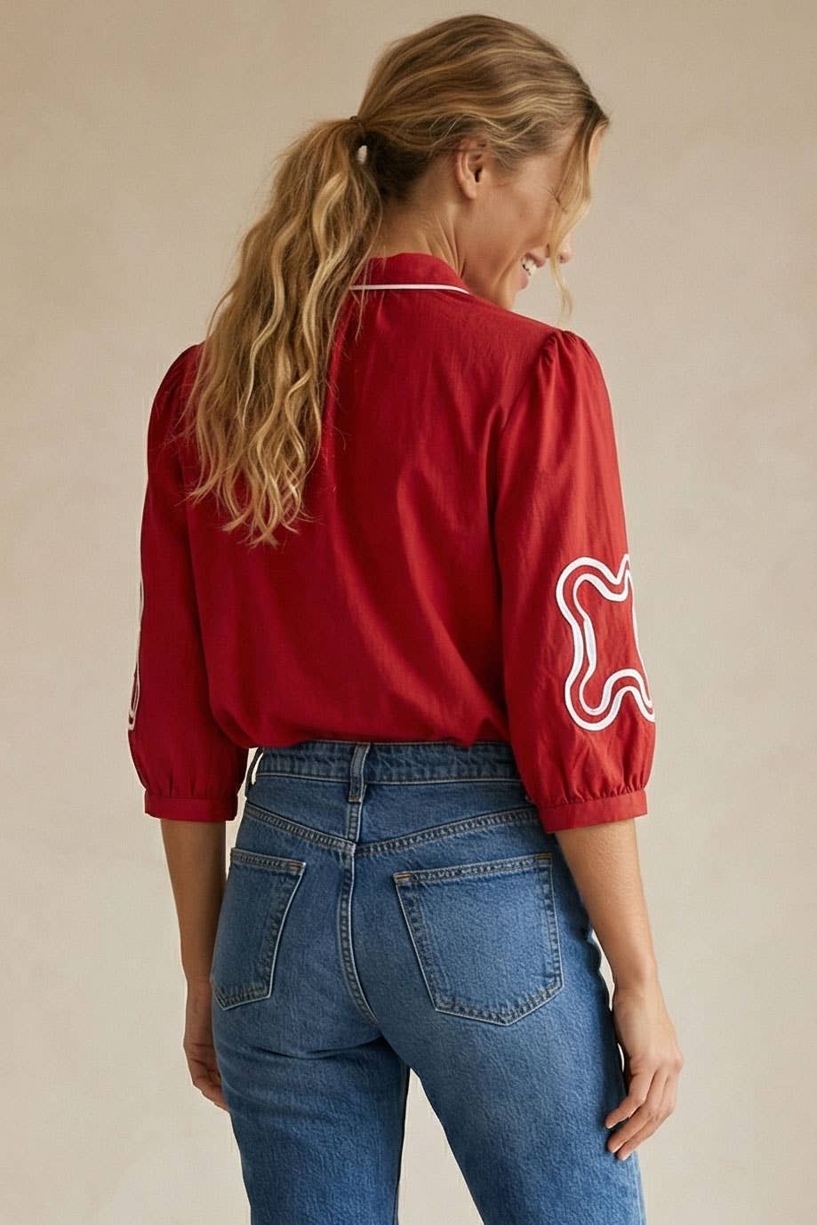 3/4 Sleeve Abstract Applique Blouse (Red)