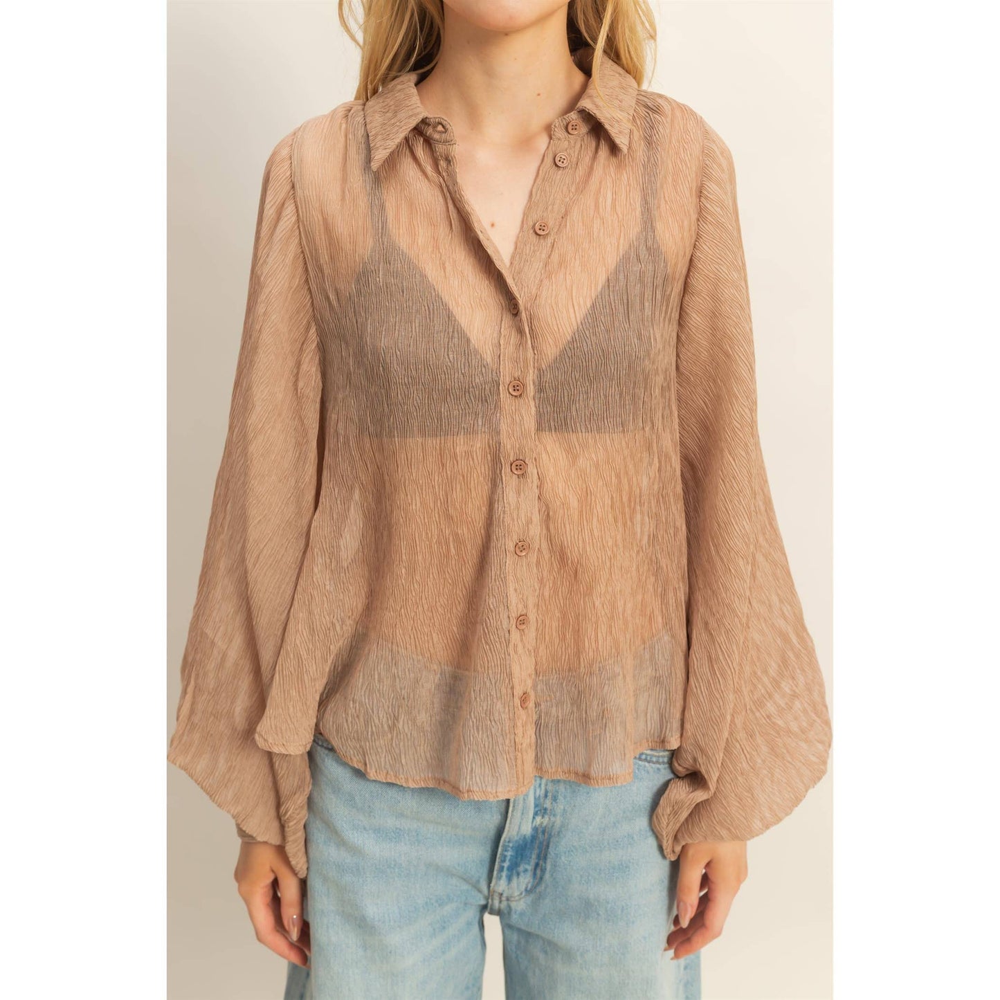 Chic Textured Button-Down Shirt (IVORY)