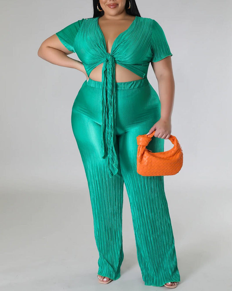 Pleated Pants And Tie Blouse Set (Kelly Green)