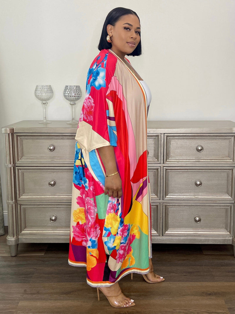 Exuma Kimono And Shorts Set (Coral Multicolor)
