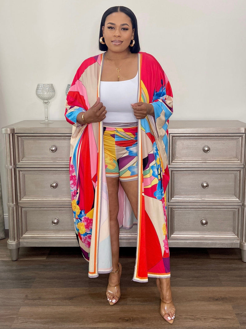 Exuma Kimono And Shorts Set (Coral Multicolor)