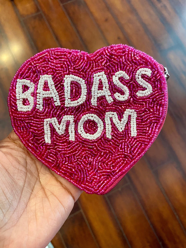 Badass Mom Heart Shape Beaded Purse (Pink)