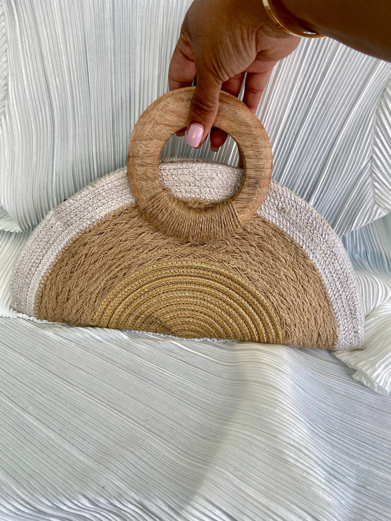 Half Moon Wooden Handle Straw Bag “Natural & Gold”