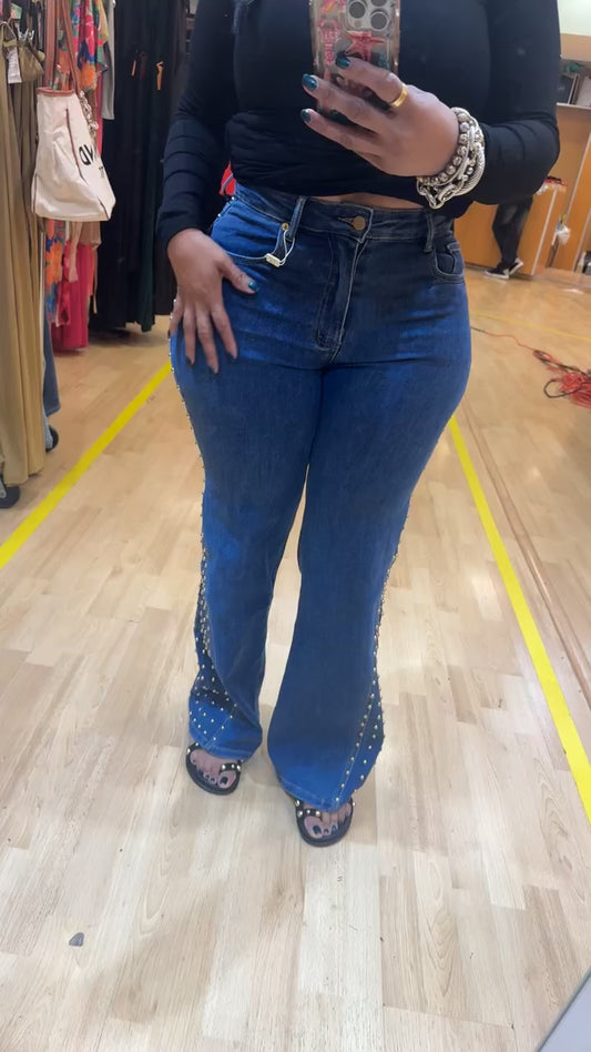 GOLD STUDDED DENIM WIDE LEG