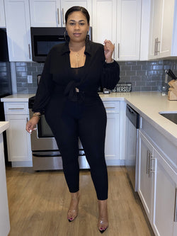 Grace Ribbed Leggings, Crop Top And Over Sized Shirt Three Piece Set “Black”