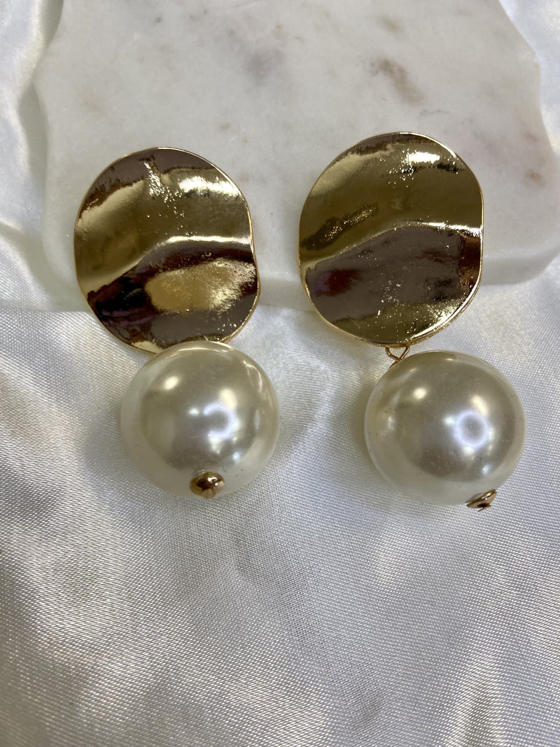 Gold Button Drop Pearl Ball Earrings