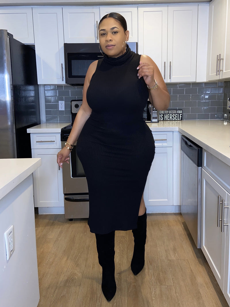 Lisa Cowl Neck Sleeves Ribbed Sweater Dress "Black"