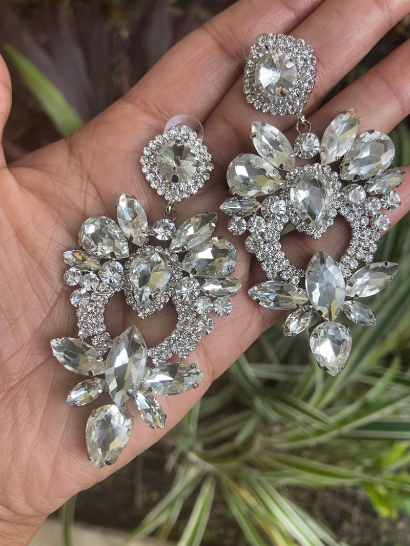 Heart Rhinestone Drop Earrings (Silver)