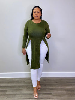 Gina Round Neck Pullover Knit Front Split Long Line Sweater "Olive"