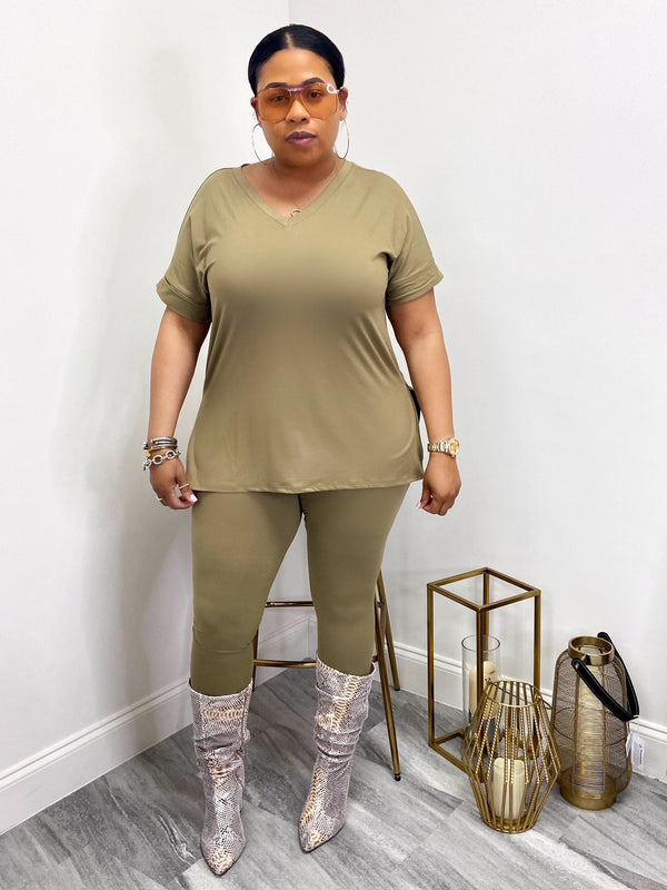 V-Neck Longline Tshirt And Leggings Set "Khaki"