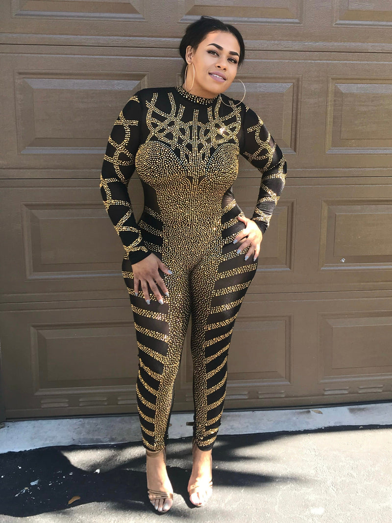 Glamour Gold Studded Catsuit Jumpsuit