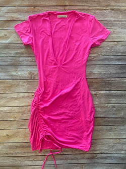 Deep V Mini Dress (Neon Pink)