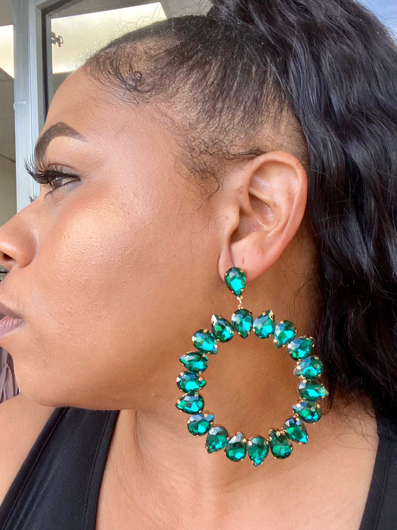 Green Front Cirle Rhinestone Drop Earrings