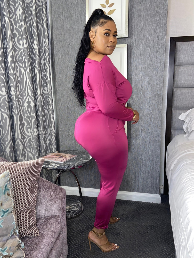 Jen Off The Shoulder Pencil Leg Jumpsuit With Sleeves  “Magenta”