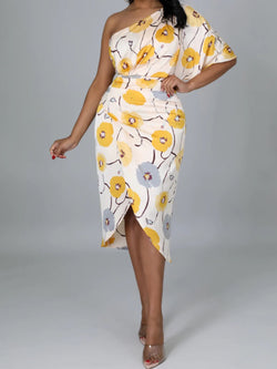 Daisy One Shoulder Printed Satin Dress "Cream & Yellow”