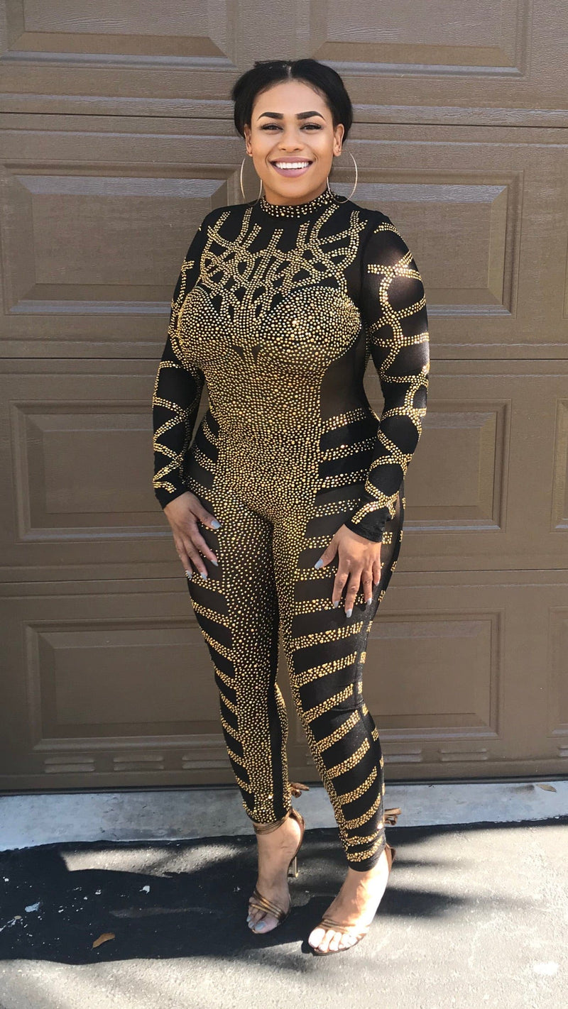 Glamour Gold Studded Catsuit Jumpsuit