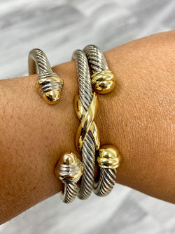 gold and silver cable cuff bracelets