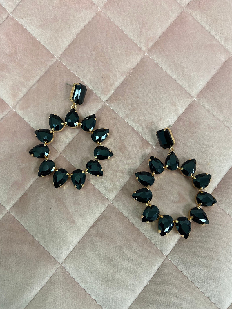 Black Front Cirle Rhinestone Drop Earrings “Medium”