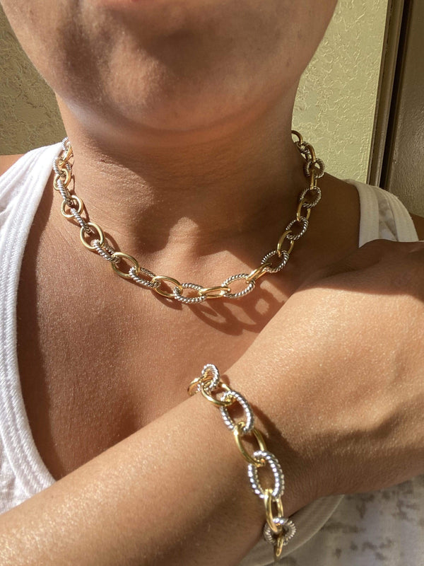 Small Two Tone Link Necklace & Bracelet Set