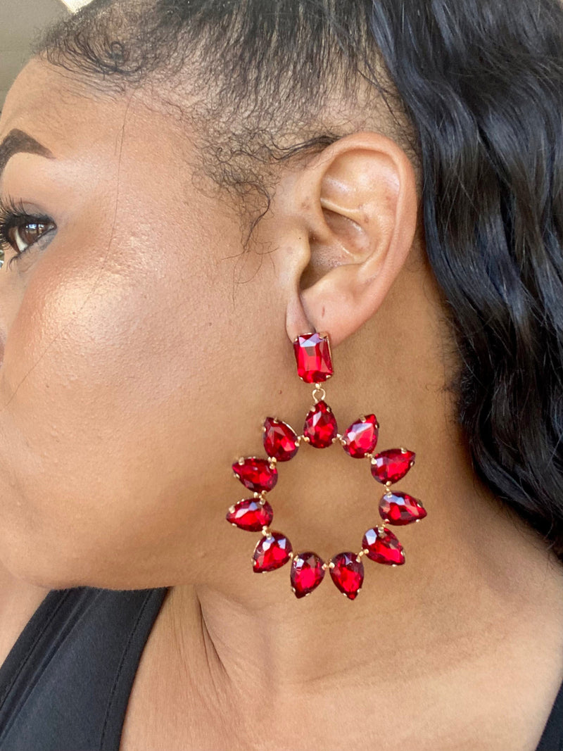 Red Front Cirle Rhinestone Drop Earrings “Medium”
