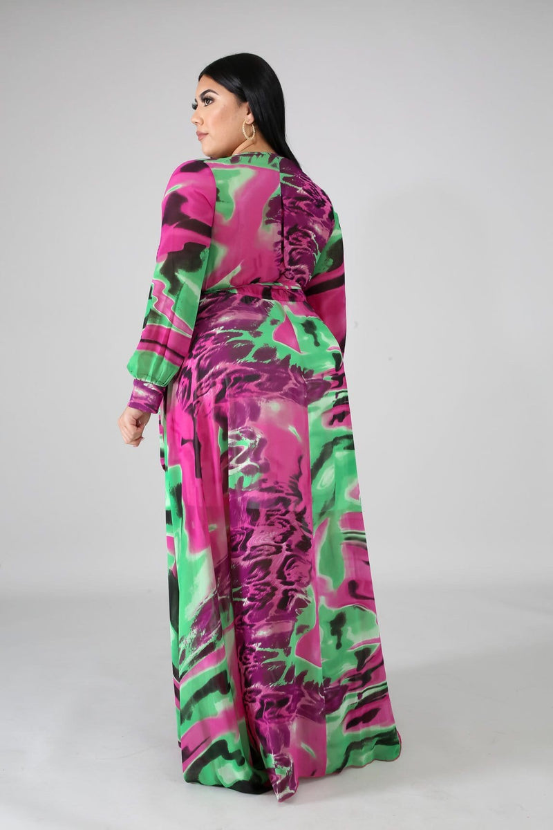 Go Go Swirl Chiffon Maxi Dress “Green/Pink”