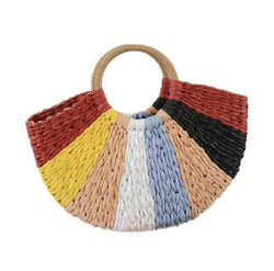 Multicolor Straw Wooden Top Handle Bag