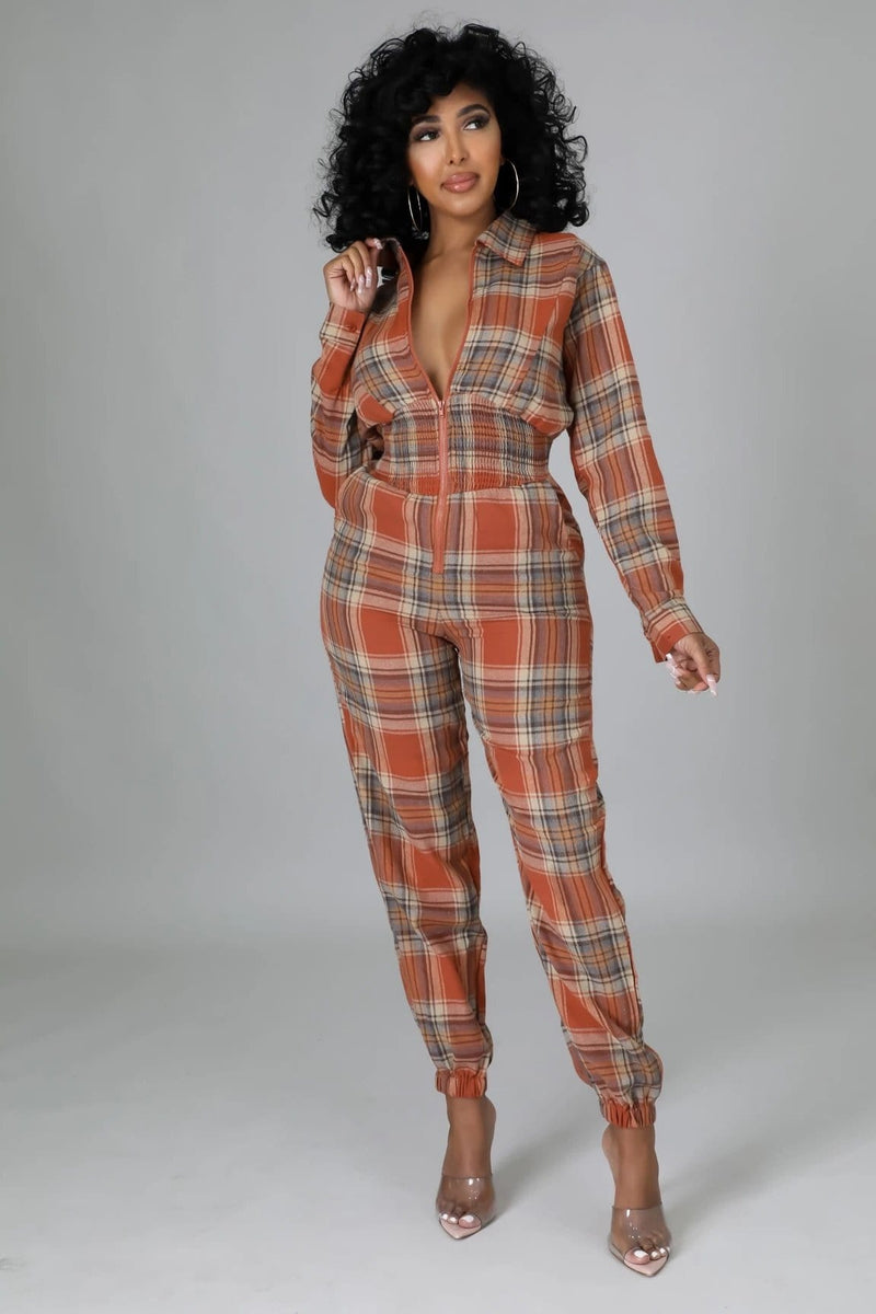 Fallie Plaid Over All Jumpsuit “Brown”