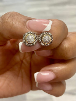 Pave Twist Stud Earrings (Silver and Gold Tone)