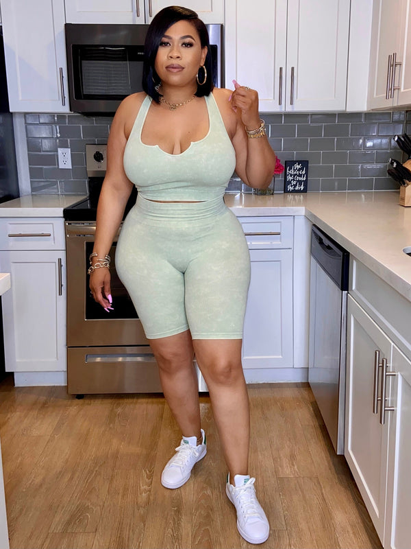 Double Crop Top And Biker Shorts Set "Light Olive"