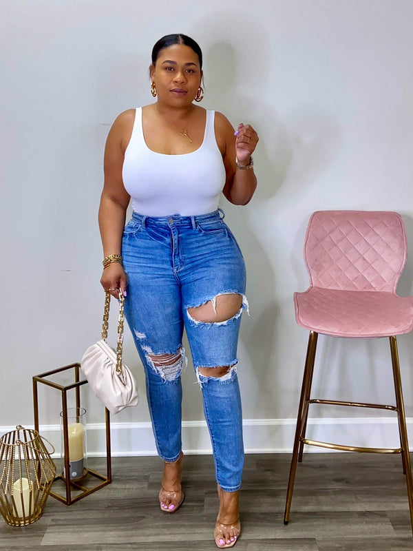 High Waist Medium Wash Ankle Ripped Jeans