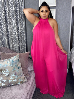Halter Backless Chiffon Flowing Jumpsuit "Fuchsia”