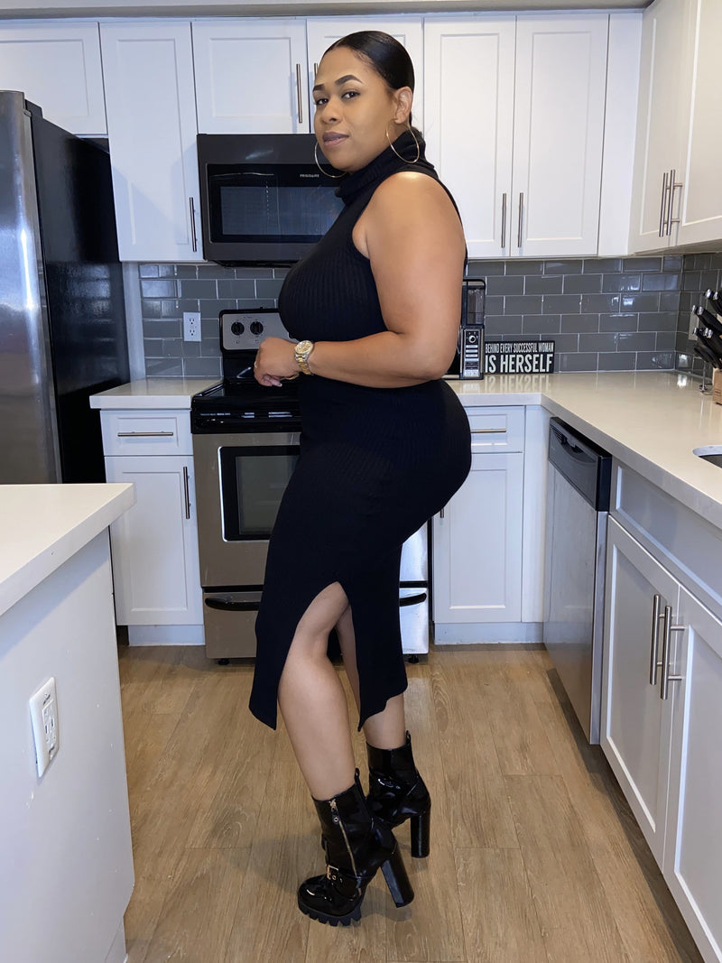 Lisa Cowl Neck Sleeves Ribbed Sweater Dress "Black"