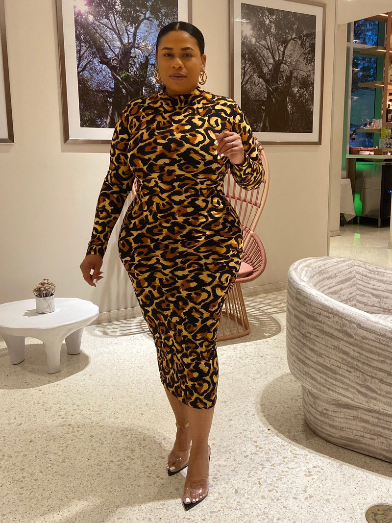 Animal Me Out Print Midi Dress “Black & Brown”