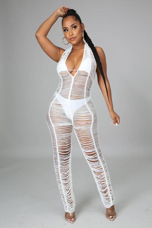 white see through halter jumpsuit, swimsuit cover up