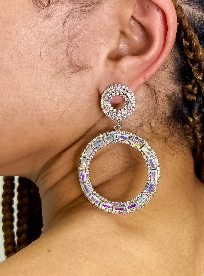 Iridescent Front Cirle Rhinestone Drop Earrings “Medium”
